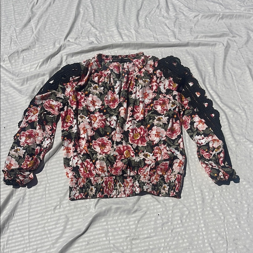 Floral Blouse with Black Lace Sleeves